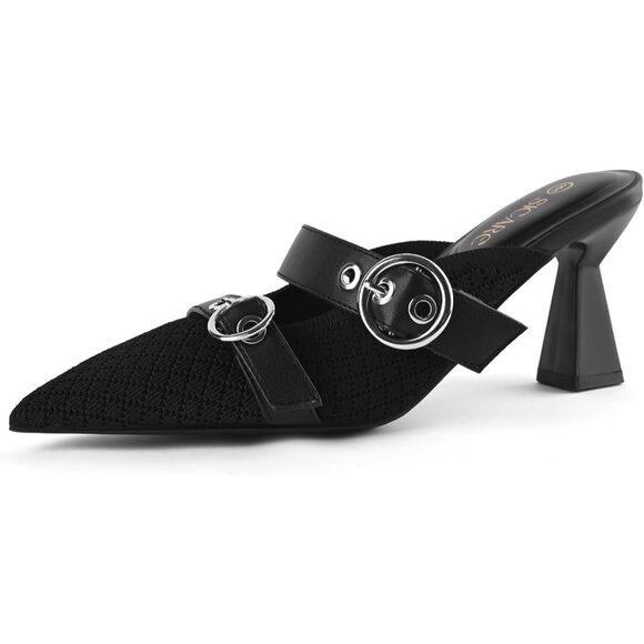 Sicare Kitten Heels Synthetic Black Pointed Toe Knit Heeled Comfortable Sandals - Picture 1 of 9